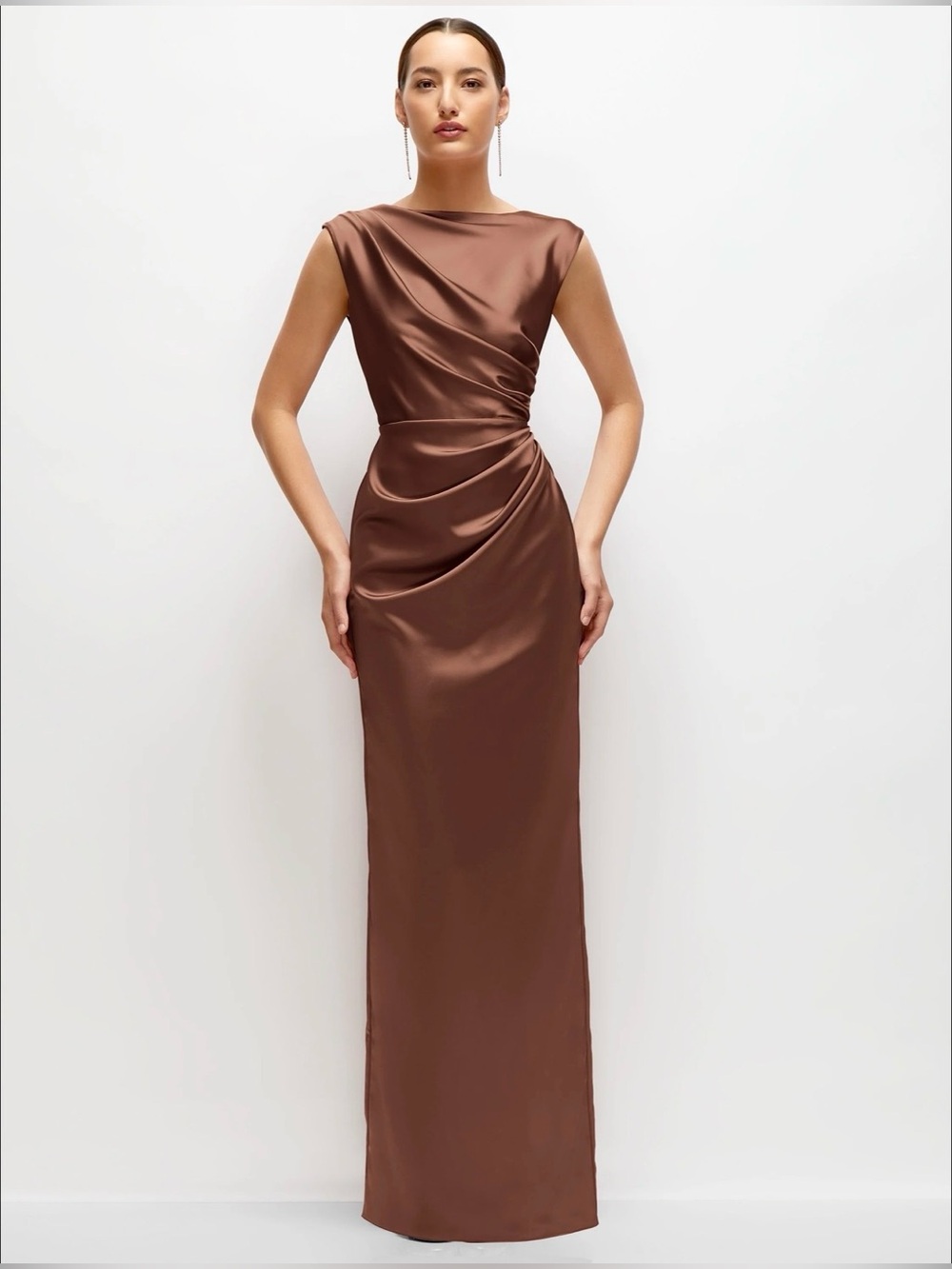 AFTER SIX Hannah Ruched Gown XS Cognac Dark Brown Satin Dress Formal Wedding 90s